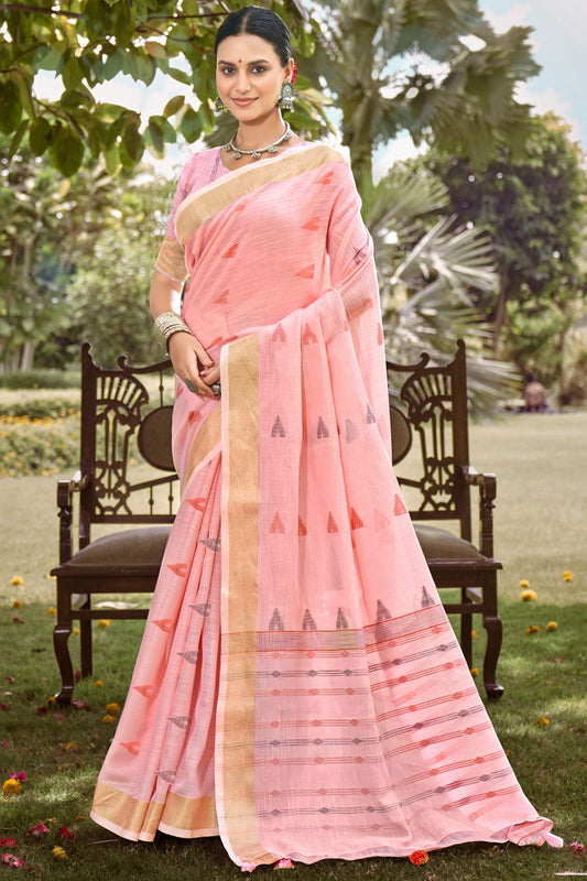 Baby Pink Colour Zari Work Cotton Saree