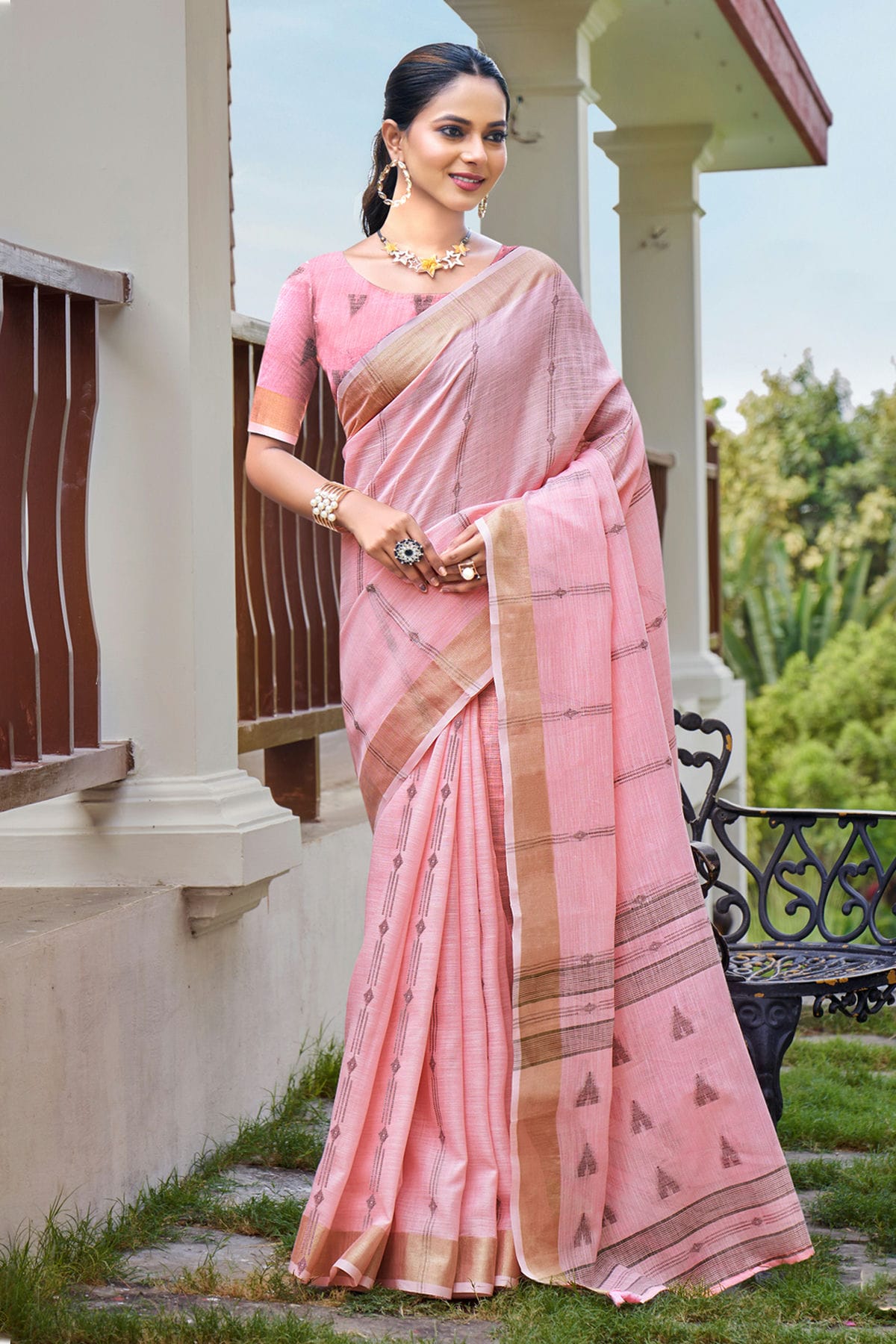 Baby Pink Colour Zari Work Cotton Saree