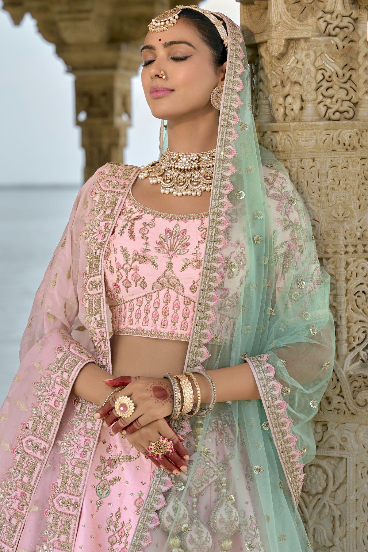 Baby Pink Embroidery Silk Lehenga Choli VSLC1290130