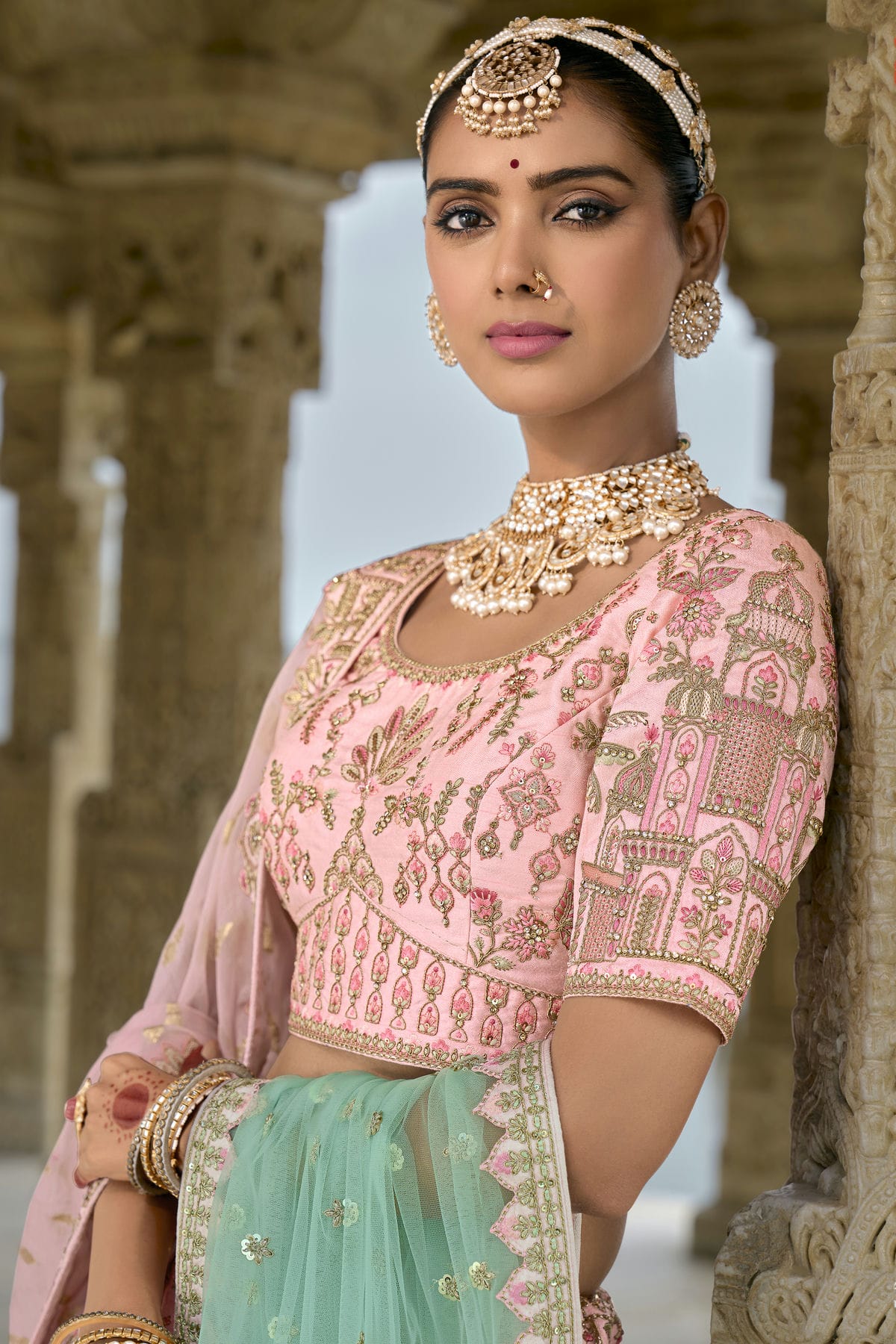 Baby Pink Embroidery Silk Lehenga Choli VSLC1290130