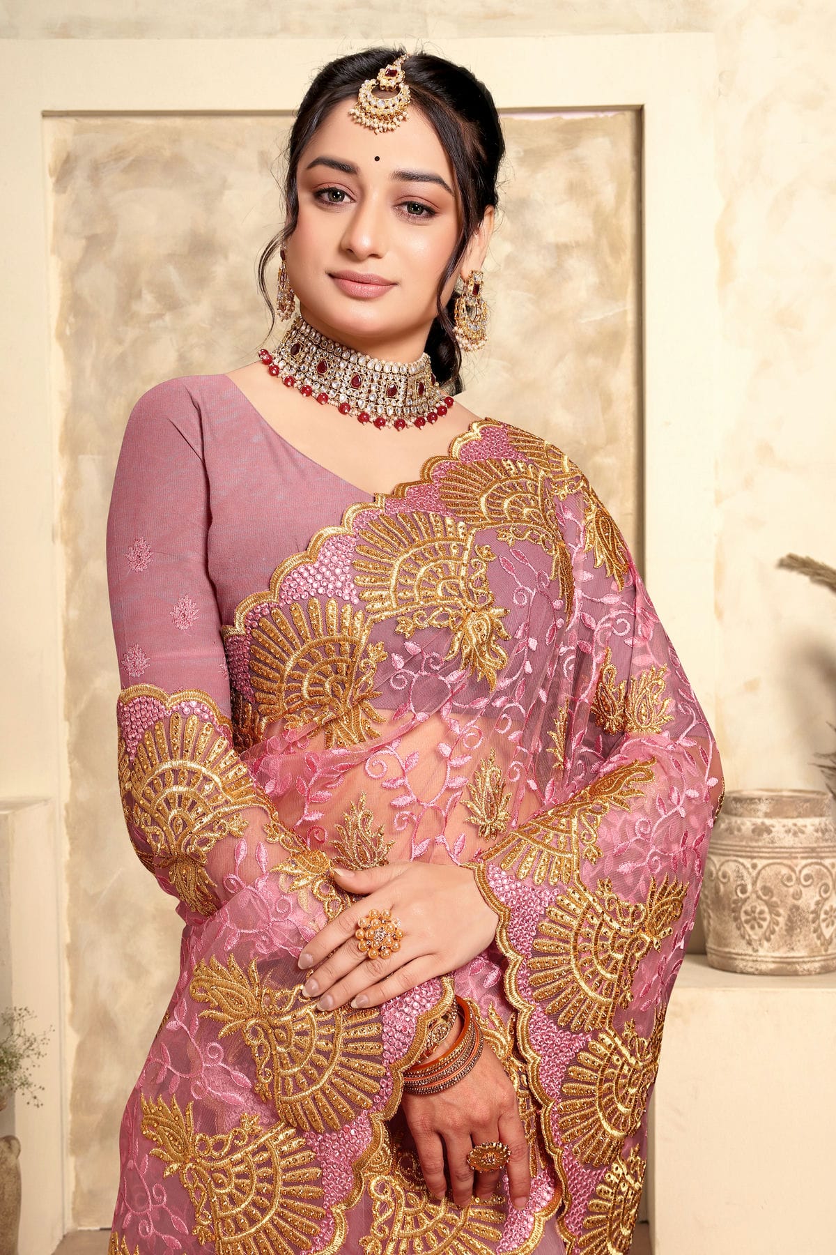 Baby Pink Colour Net Saree