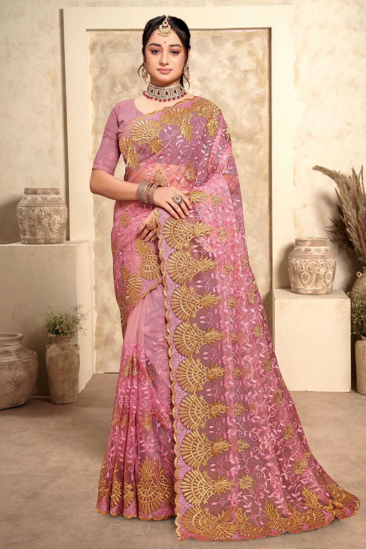 Baby Pink Colour Net Saree