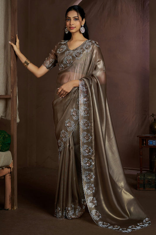 Beige Brown Colour Jute Coting Silk Designer Saree