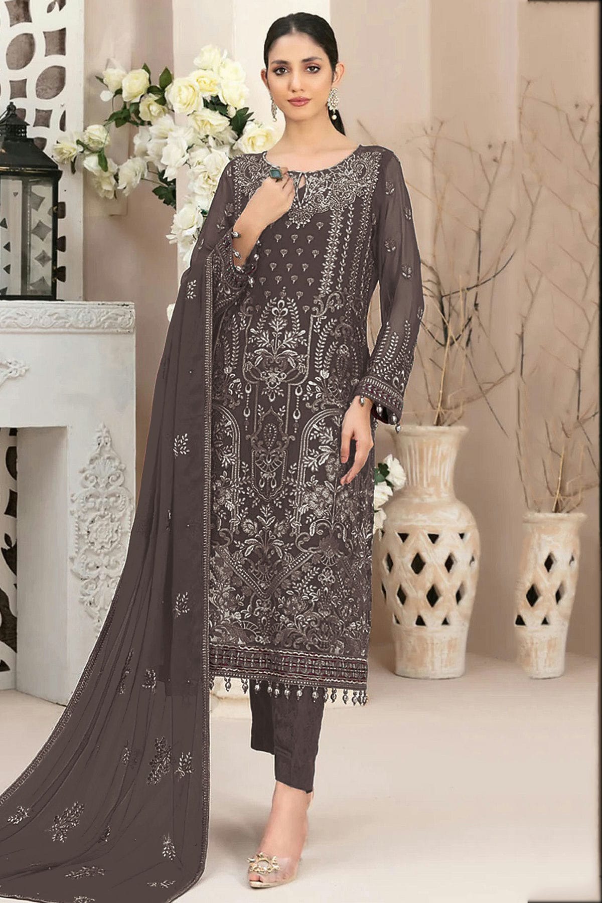 Beige Brown Colour Semi Stitched Faux Georgette Pakistani Suit VSSM1140690