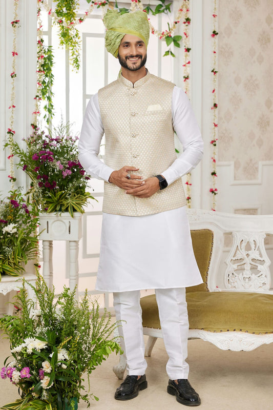 Beige Colour Art Silk Kurta Pajama With Jacket