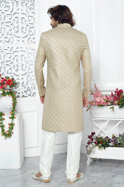 Beige Colour Art Silk Sherwani With Churidar Pant