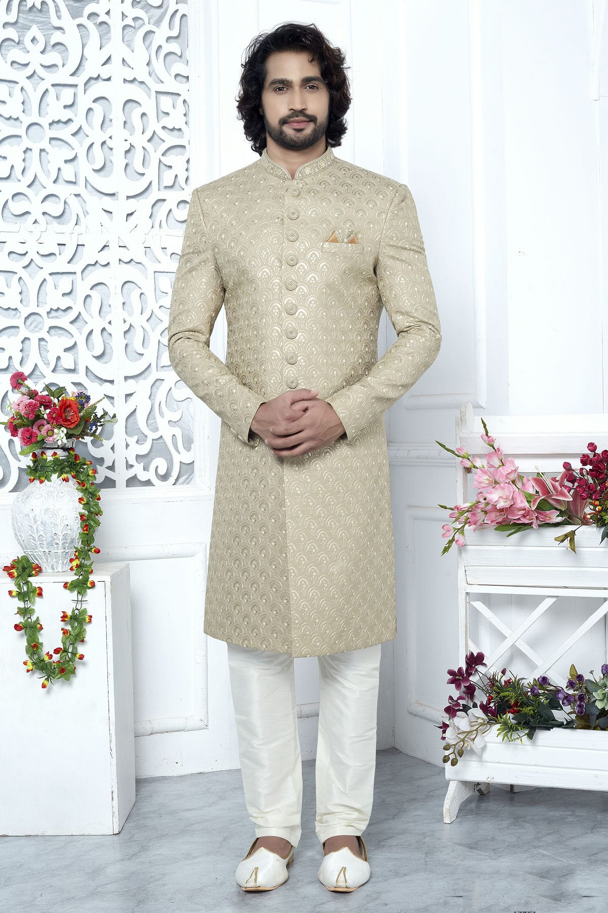 Beige Colour Art Silk Sherwani With Churidar Pant