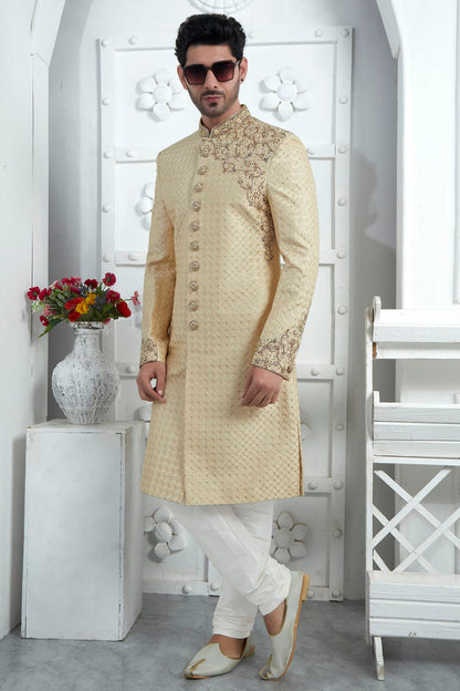 Beige Colour Art Silk Sherwani With Churidar Pant VSSH1230073