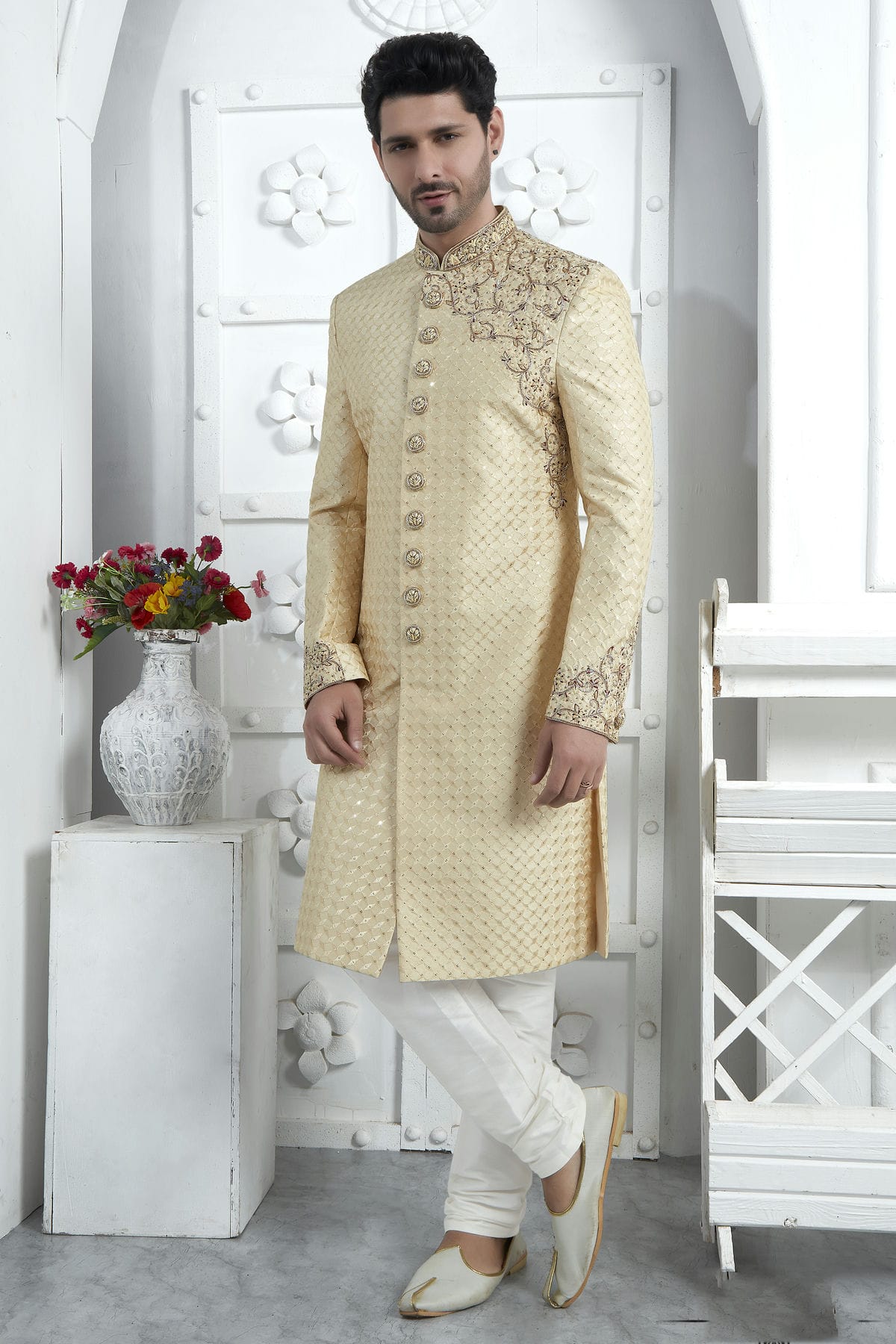 Beige Colour Art Silk Sherwani With Churidar Pant