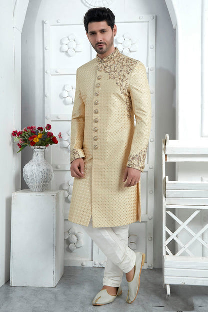 Beige Colour Art Silk Sherwani With Churidar Pant