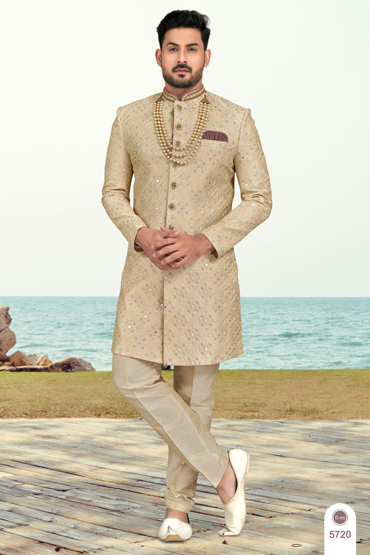 Beige Colour Banarasi Silk Sherwani VSSH1040516