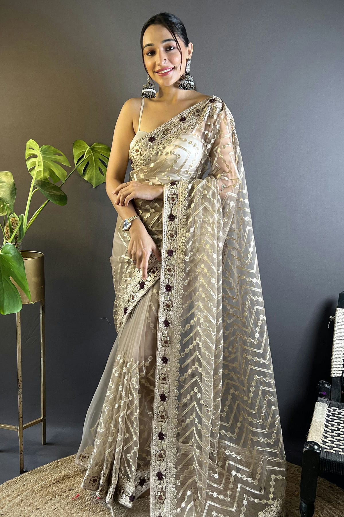 Beige Colour Butterfly Net Designer Saree