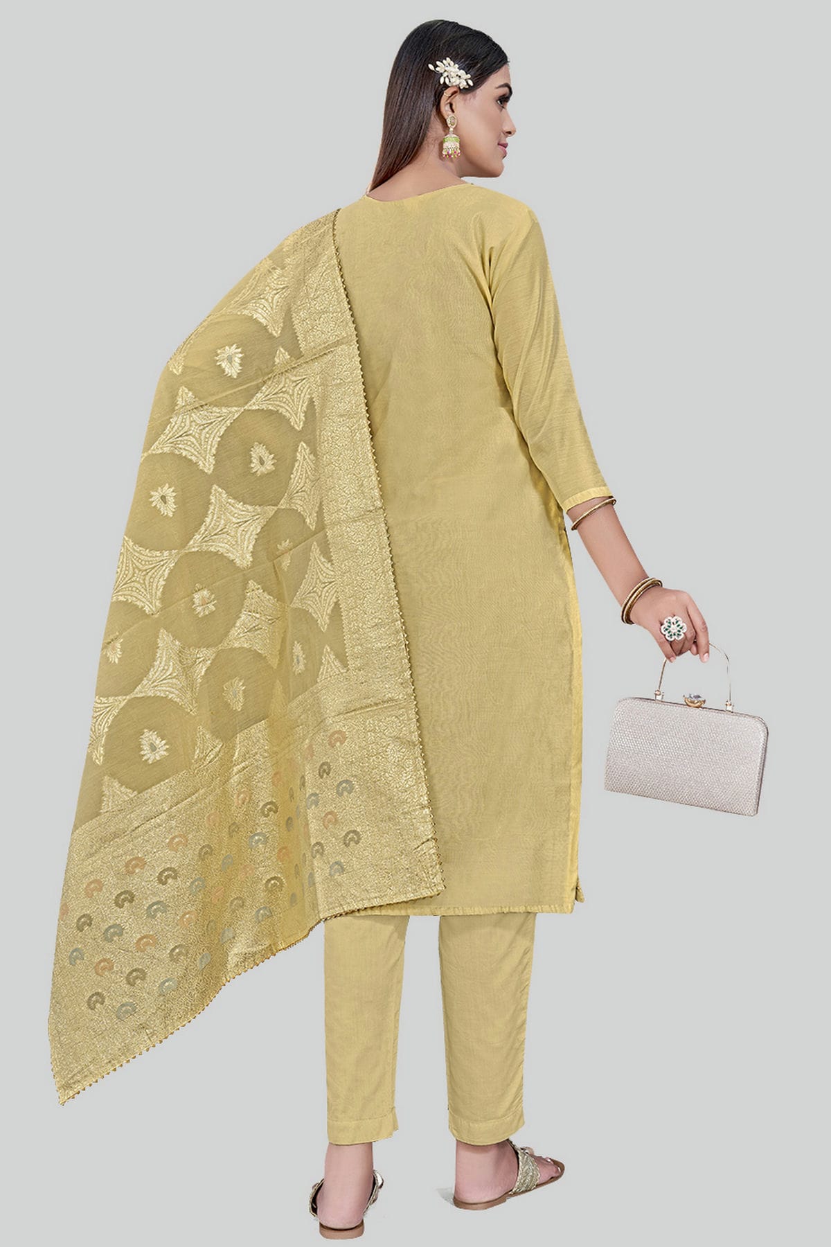 Beige Colour Chanderi Silk Pant Style Suit