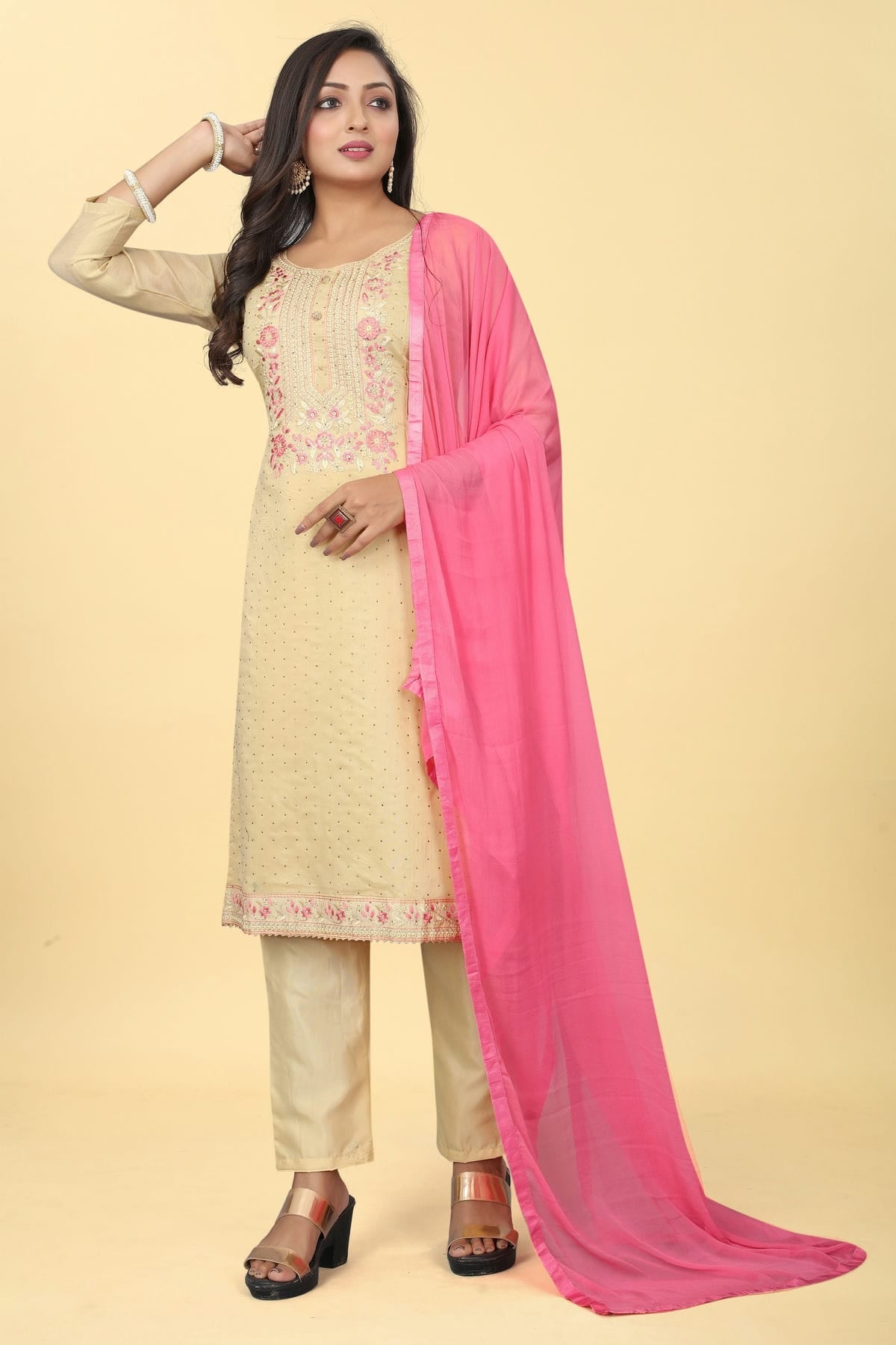 Beige Colour Chanderi Silk Pant Style Suit