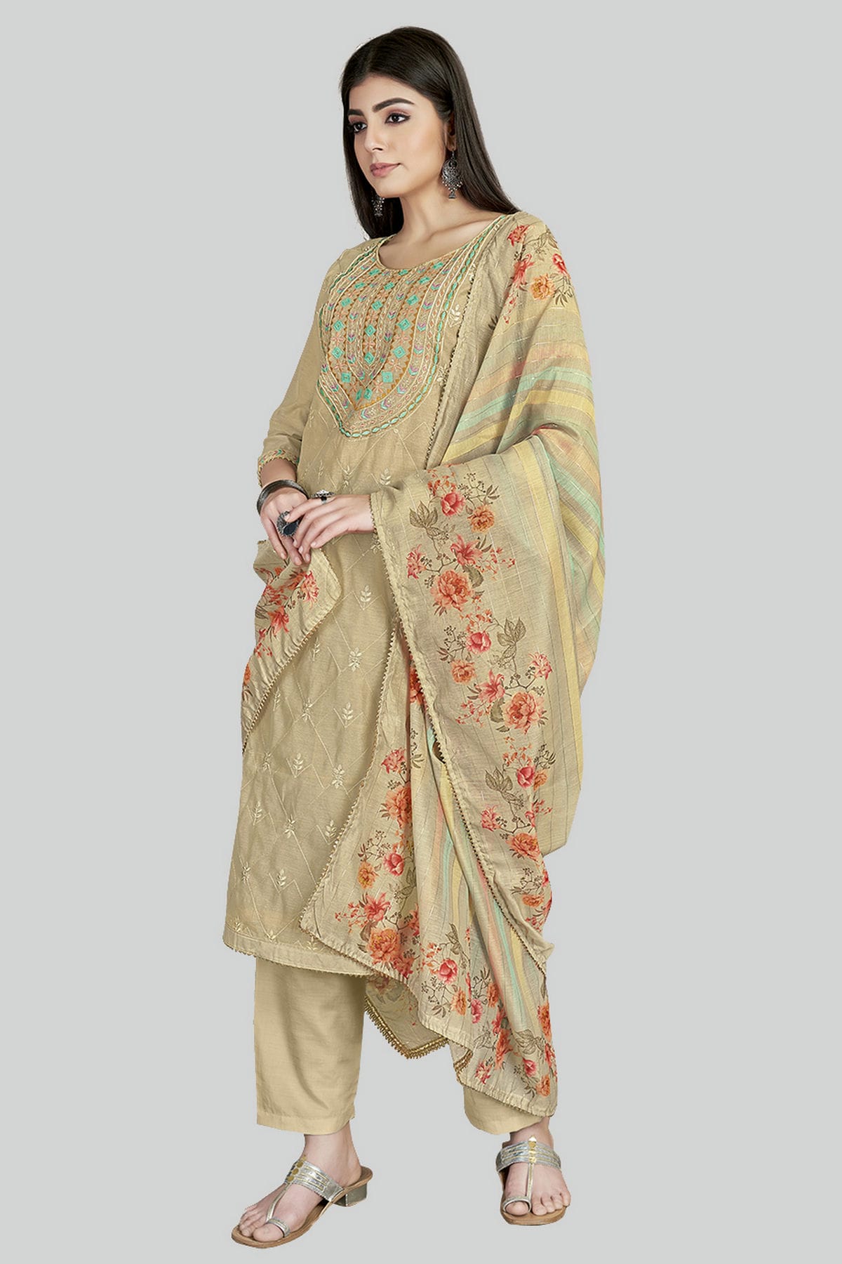 Beige Colour Chanderi Silk Pant Style Suit