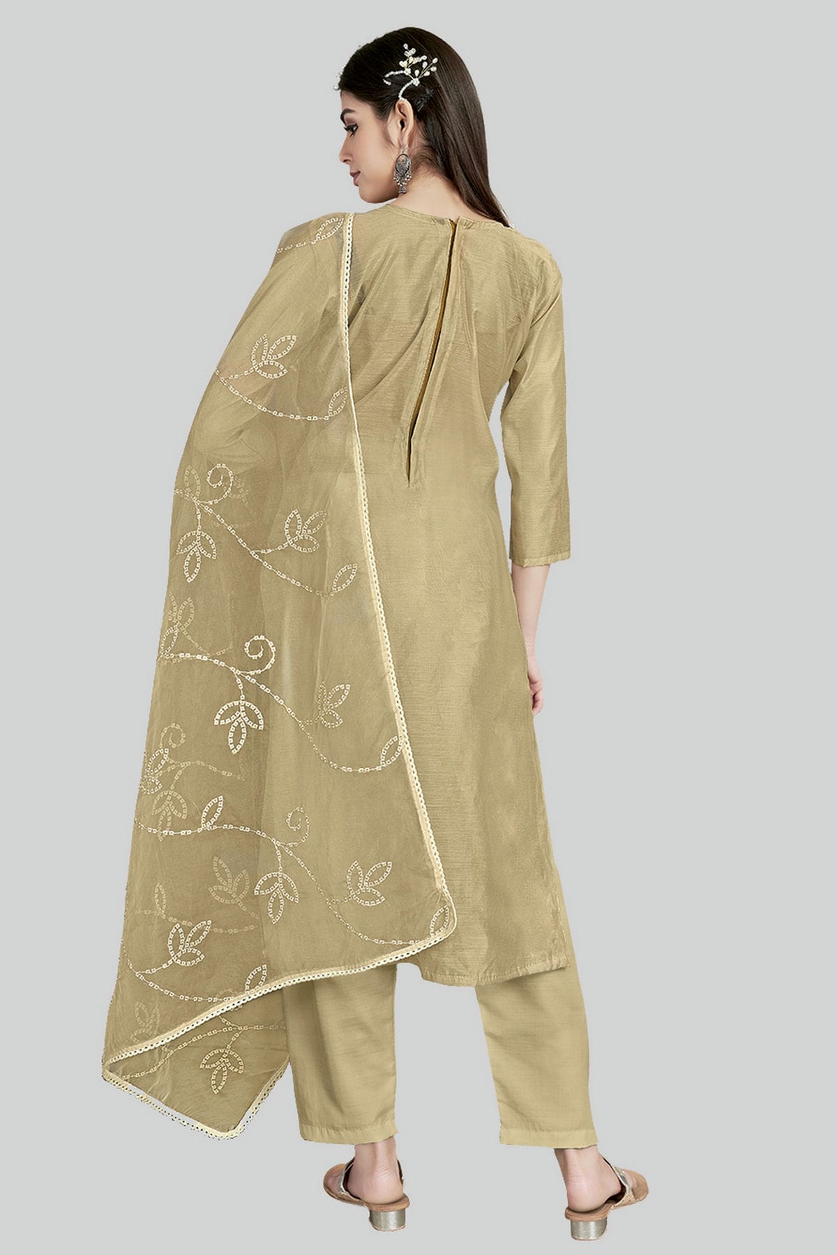 Beige Colour Chanderi Silk Pant Style Suit