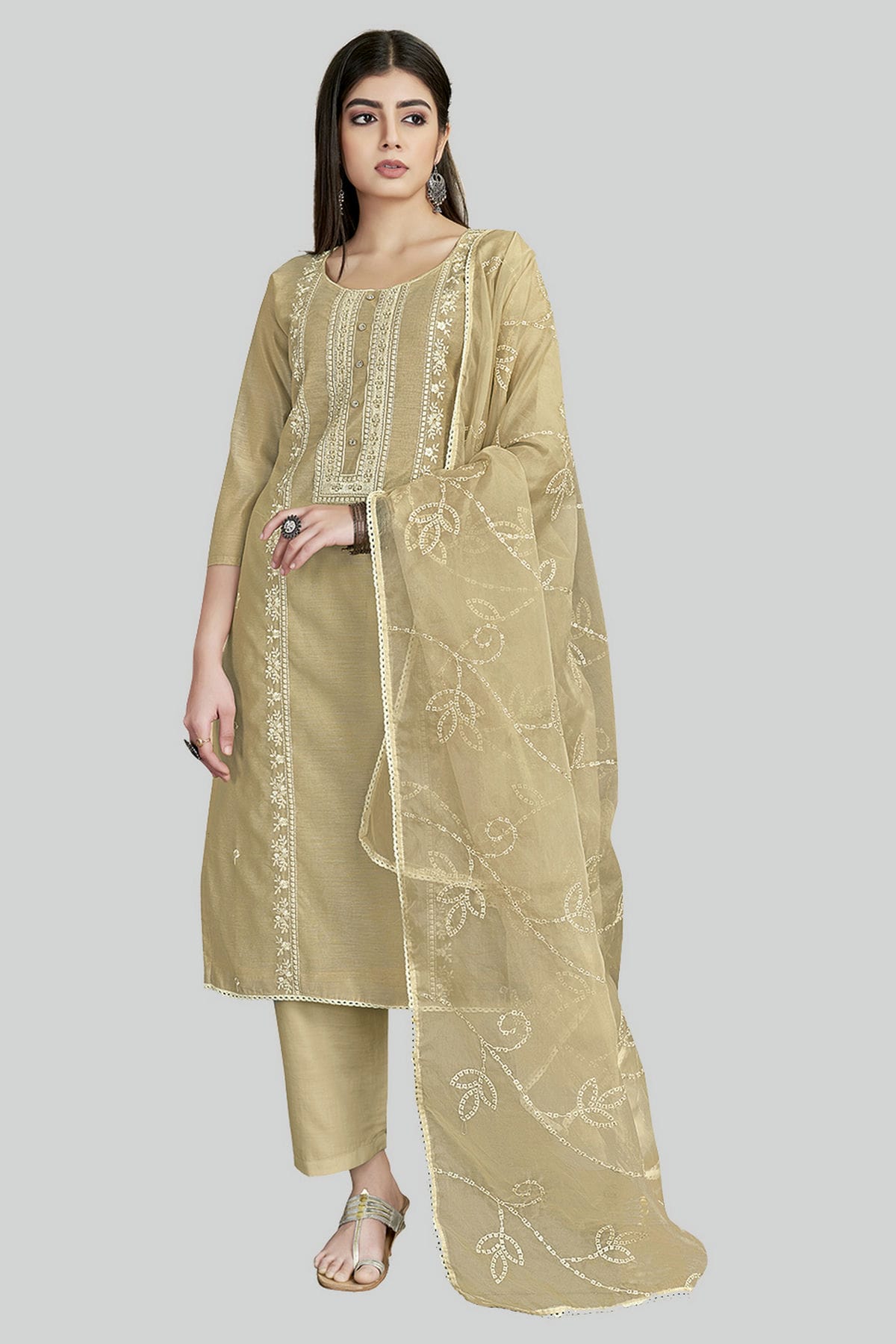 Beige Colour Chanderi Silk Pant Style Suit