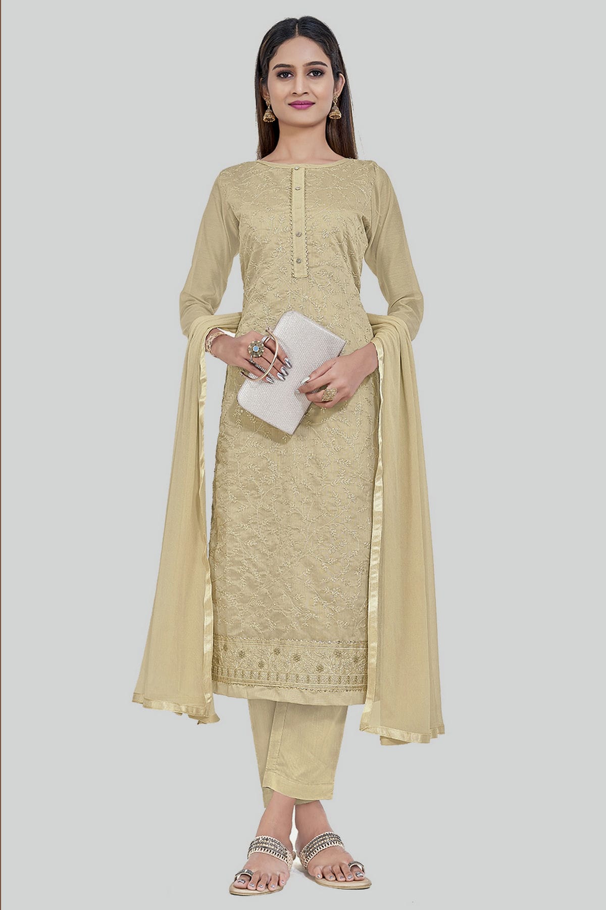 Beige Colour Chanderi Silk Pant Style Suit