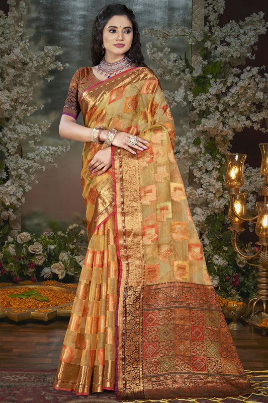 Beige Colour Chanderi Woven Work Traditional Saree