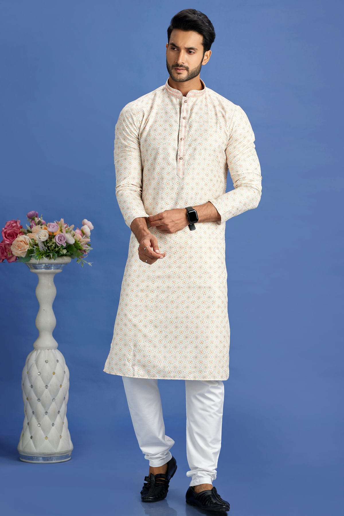 Beige Colour Cotton Pintex Work Kurta Pajama VSKP1230160