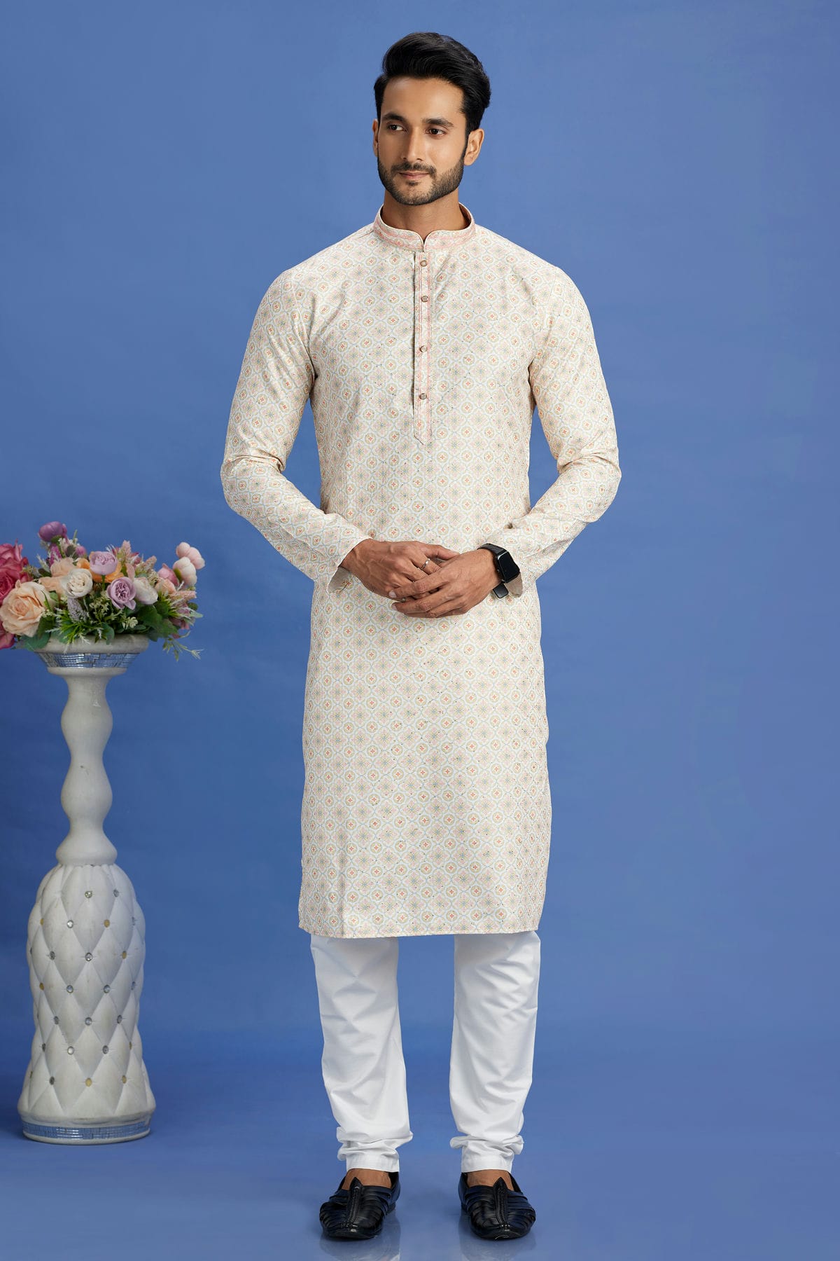 Beige Colour Cotton Pintex Work Kurta Pajama