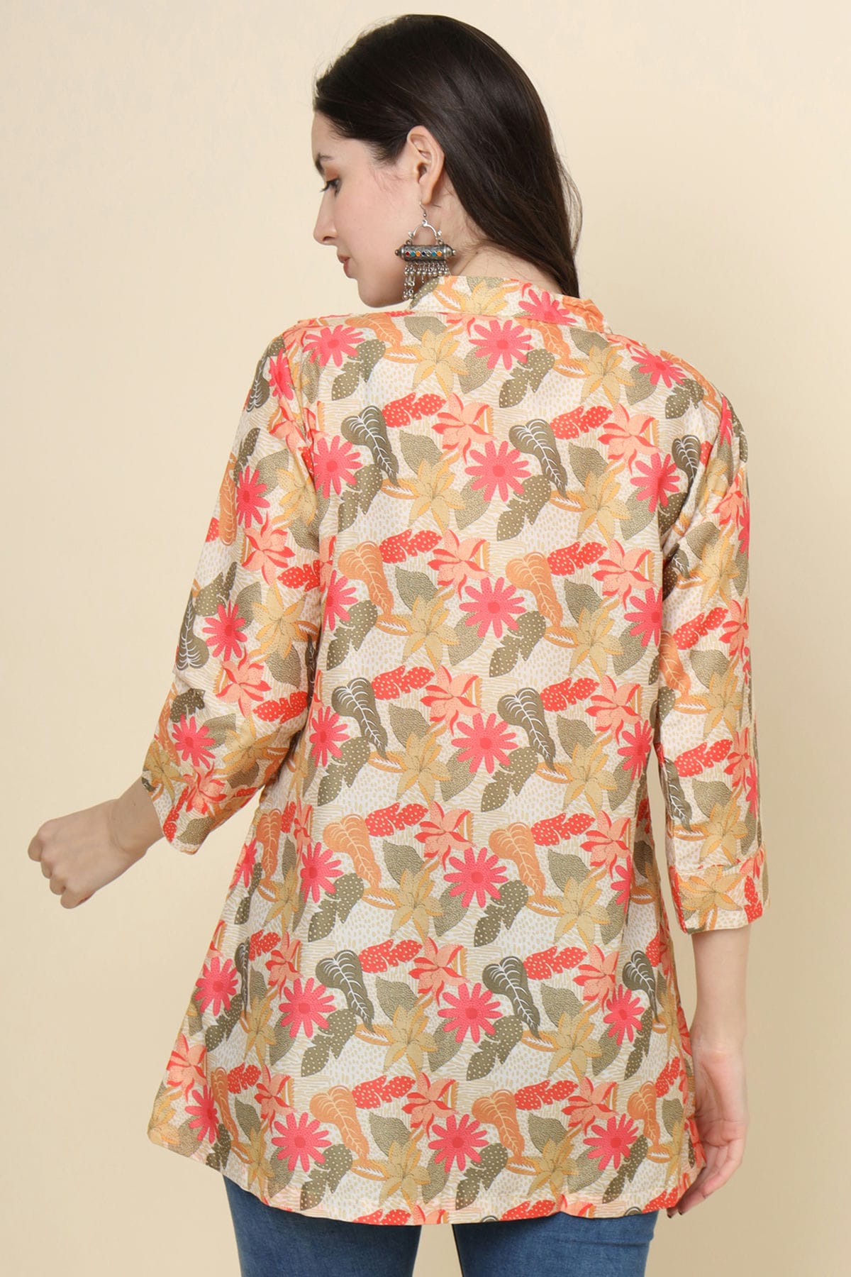 Beige Colour Cotton Printed Work Readymade Top