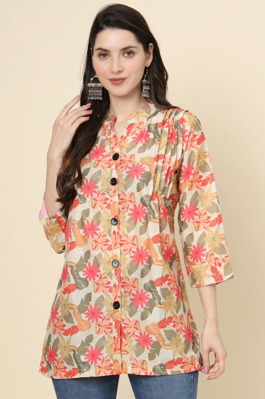 Beige Colour Cotton Printed Work Readymade Top