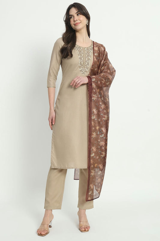 Beige Colour Cotton Stitched Salwar Suit