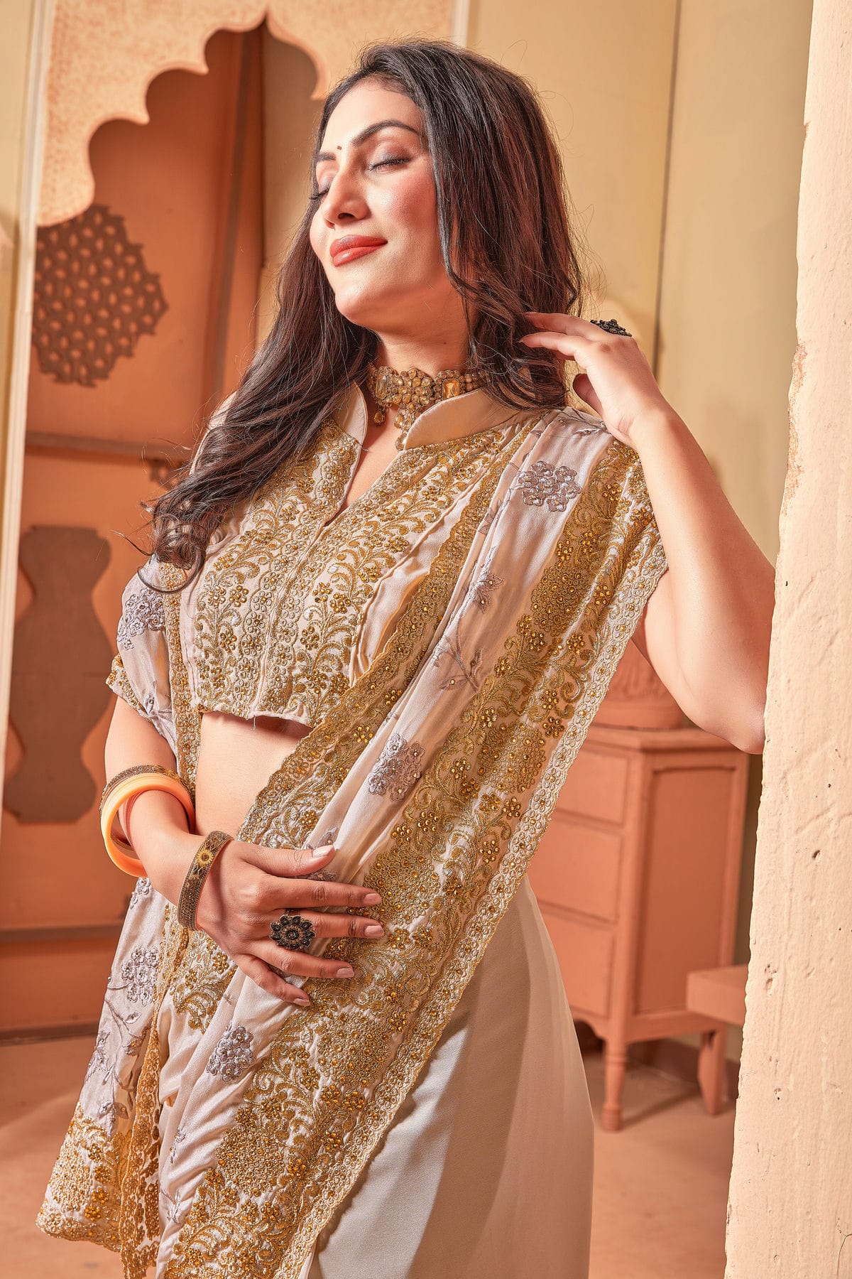 Beige Colour Crepe Silk Designer Saree VSLC1121505