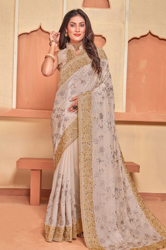 Beige Colour Crepe Silk Designer Saree