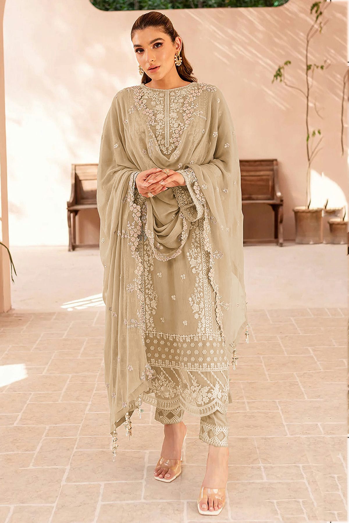 Beige Colour Faux Georgette Semi Stitched Pakistani Suit