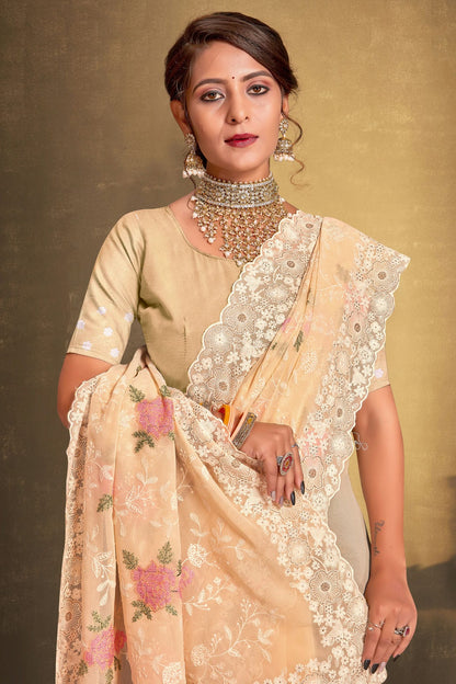 Beige Colour Georgette Designer Saree