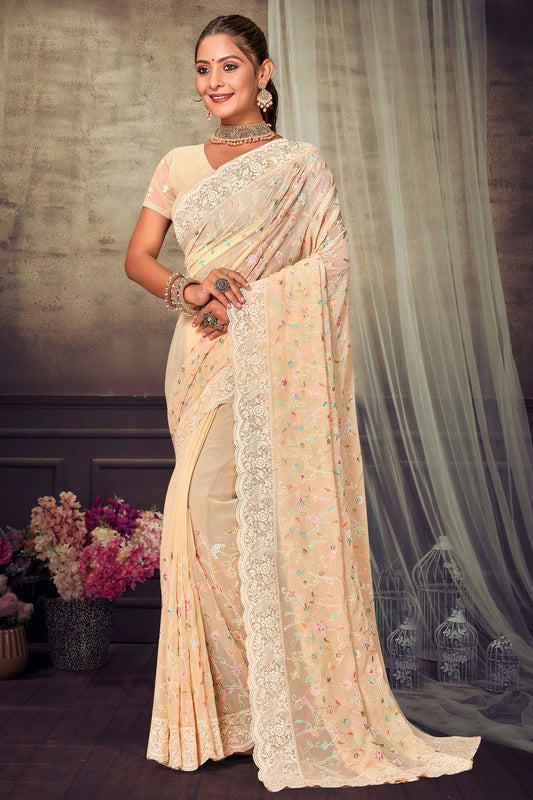 Beige Colour Georgette Designer Saree