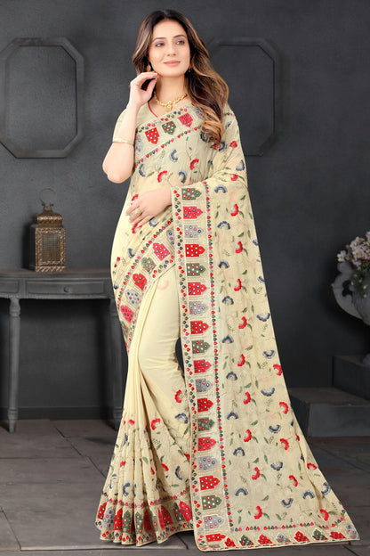 Beige Colour Georgette Designer Saree