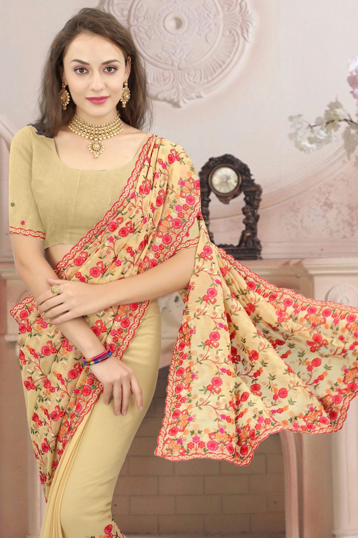 Beige Colour Georgette Designer Saree