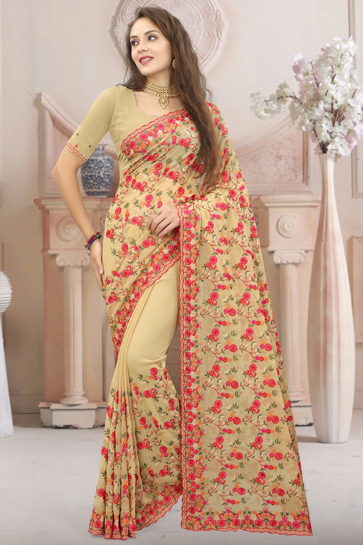 Beige Colour Georgette Designer Saree