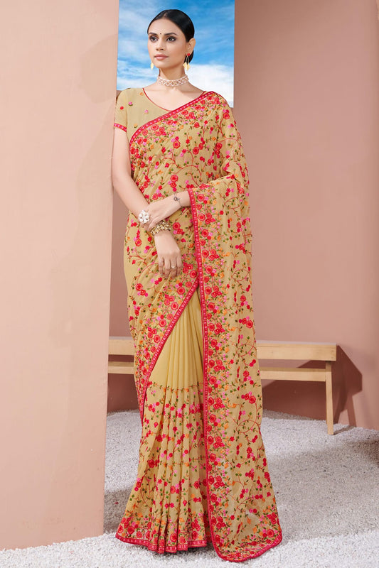 Beige Colour Georgette Designer Saree