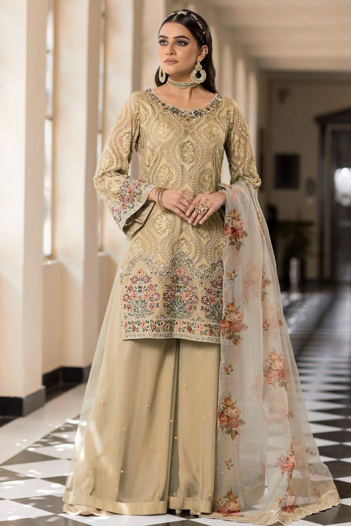 Beige Colour Georgette Semi Stitched Pakistani Suit