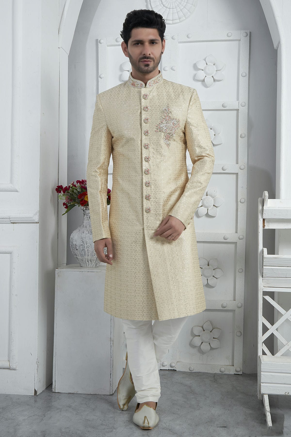 Beige Colour Georgette Sherwani With Churidar Pant VSSH1230076