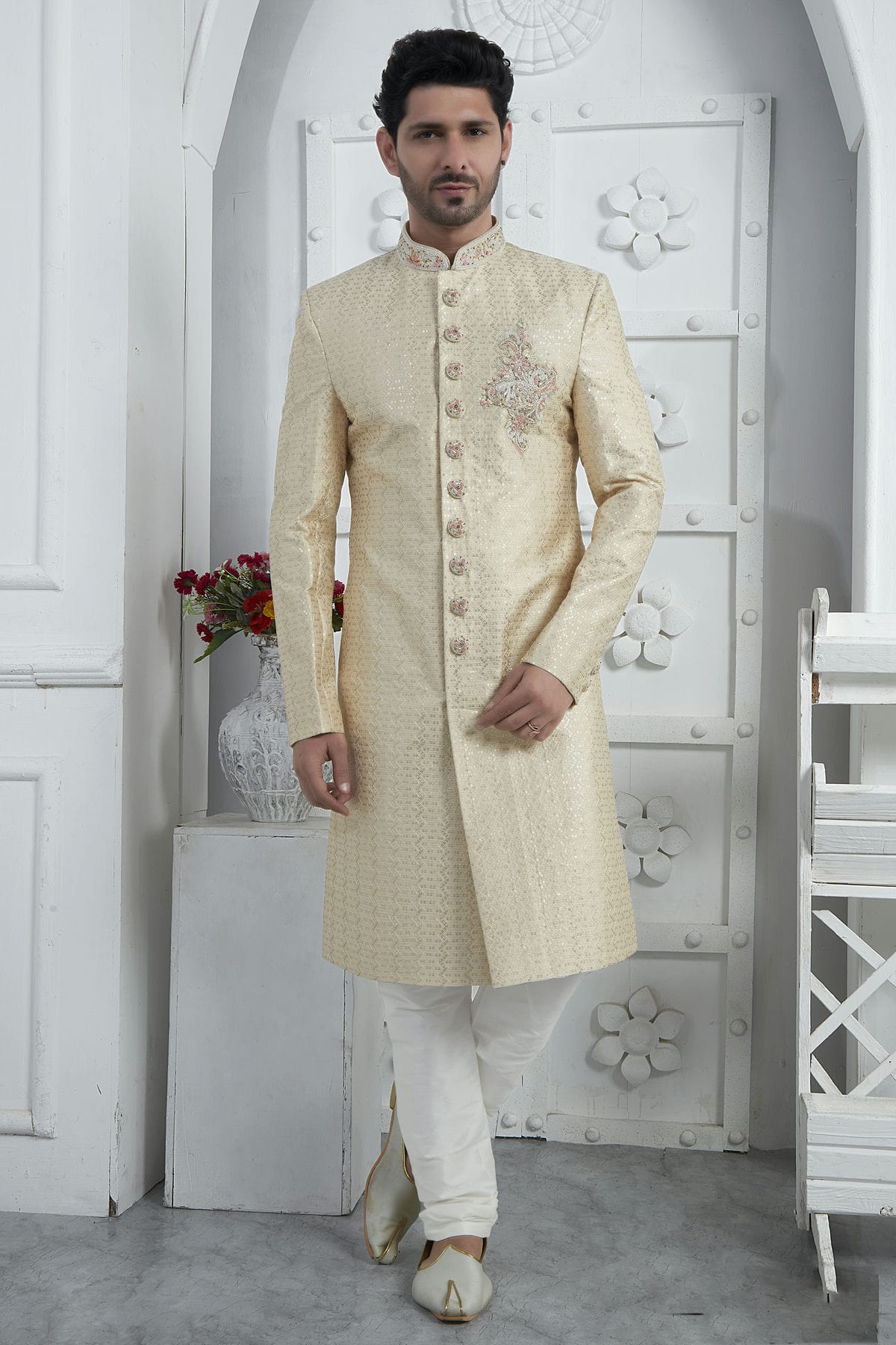 Beige Colour Georgette Sherwani With Churidar Pant