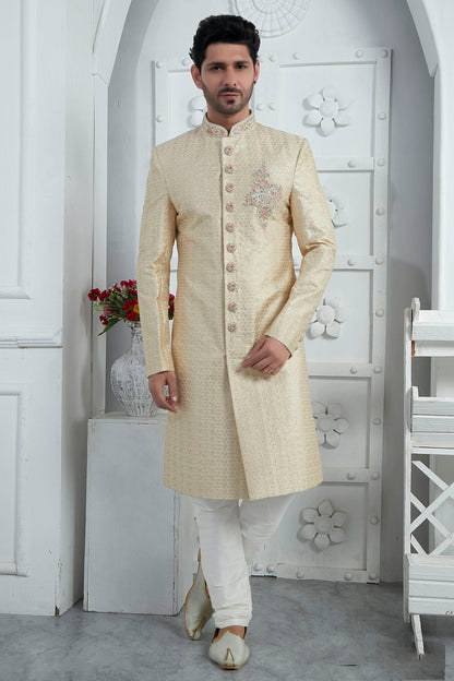 Beige Colour Georgette Sherwani With Churidar Pant