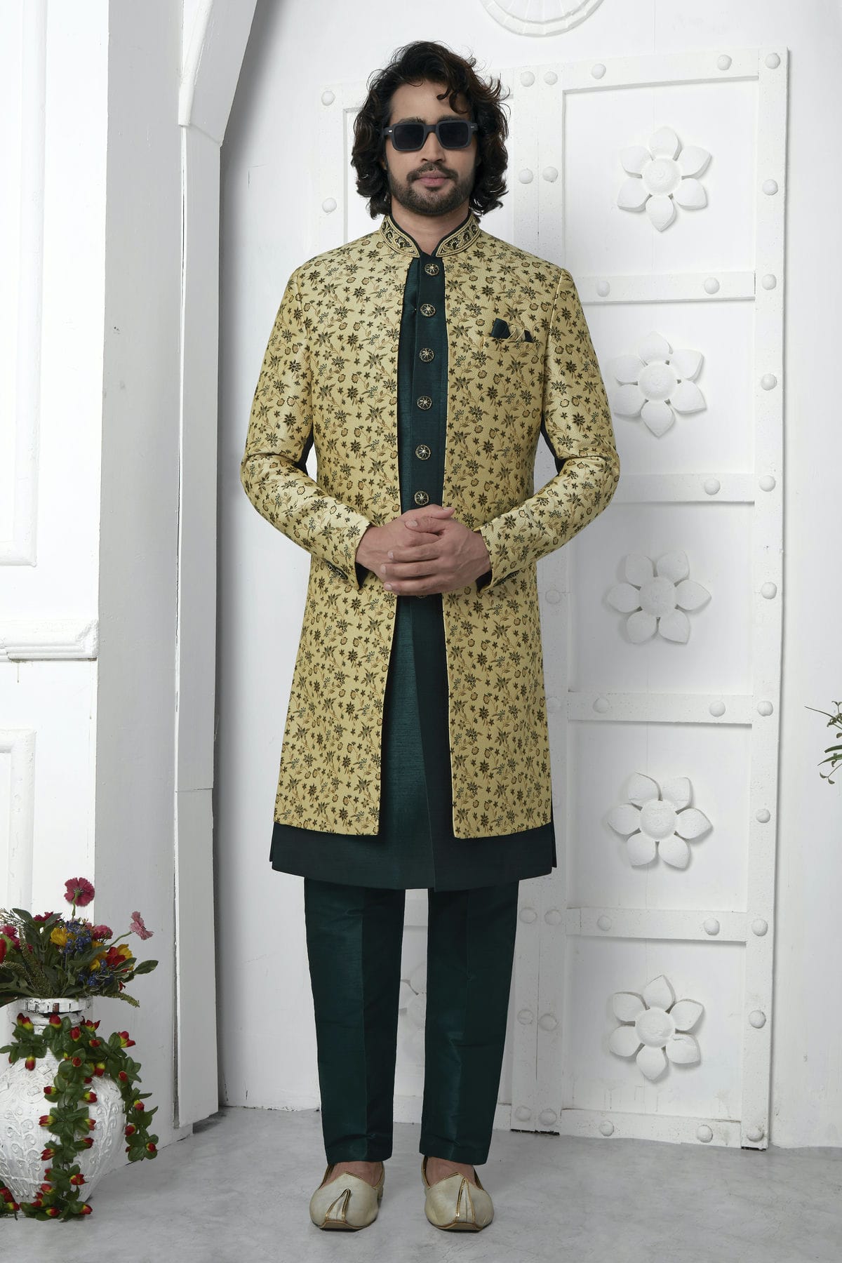 Beige Colour Jacquard Silk Indowestern Sherwani With Aligadhi Pant VSSH1230045