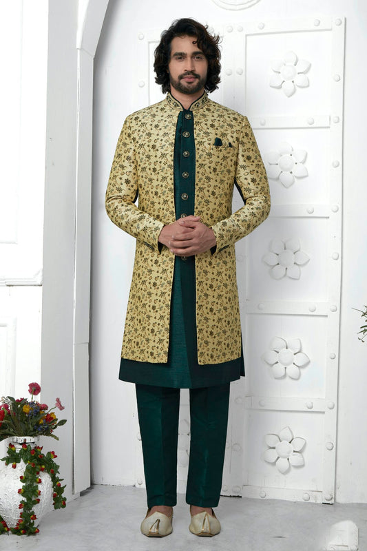 Beige Colour Jacquard Silk Indowestern Sherwani With Aligadhi Pant