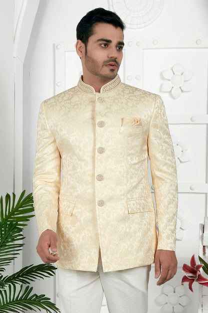 Beige Colour Jacquard Silk Jodhpuri Jacket VSJP1230106