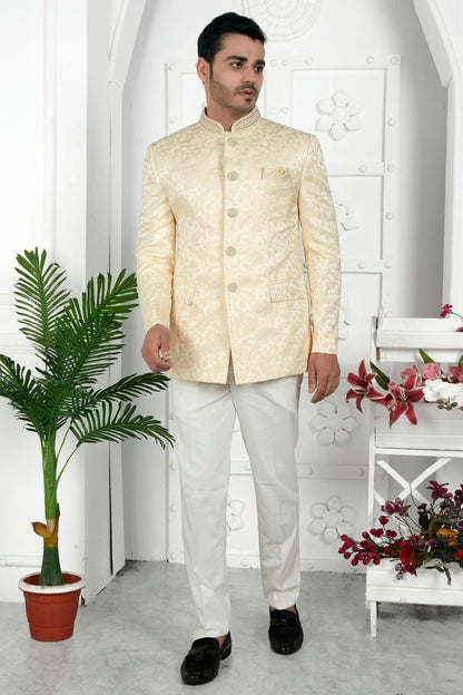 Beige Colour Jacquard Silk Jodhpuri Jacket