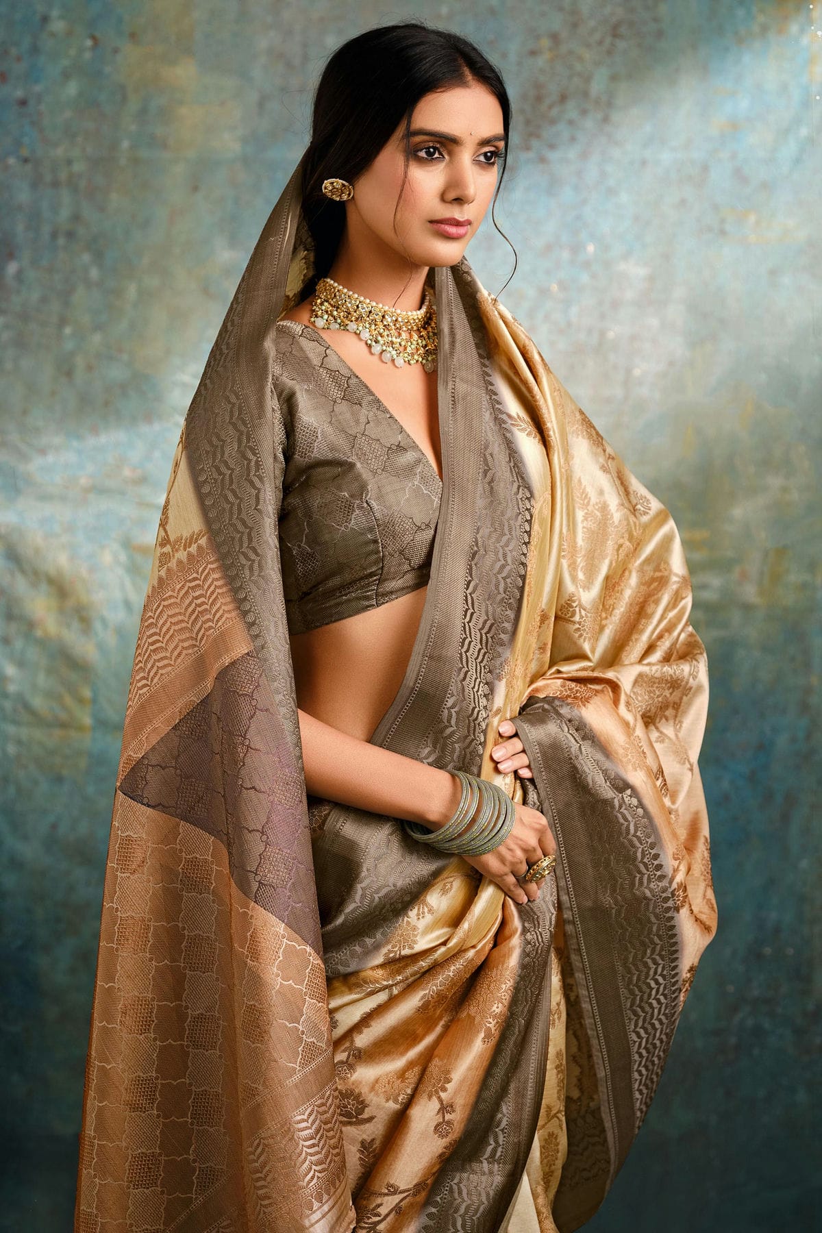 Beige Colour Jacquard Silk Traditional Saree