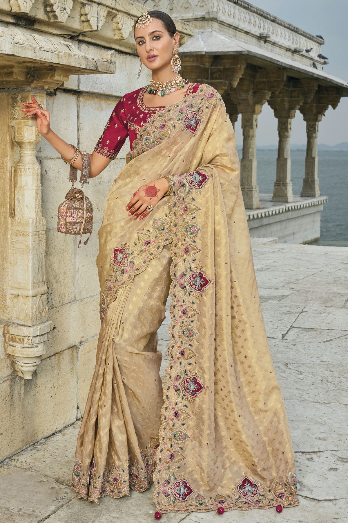 Beige Colour Kanjivaram Silk Designer Saree