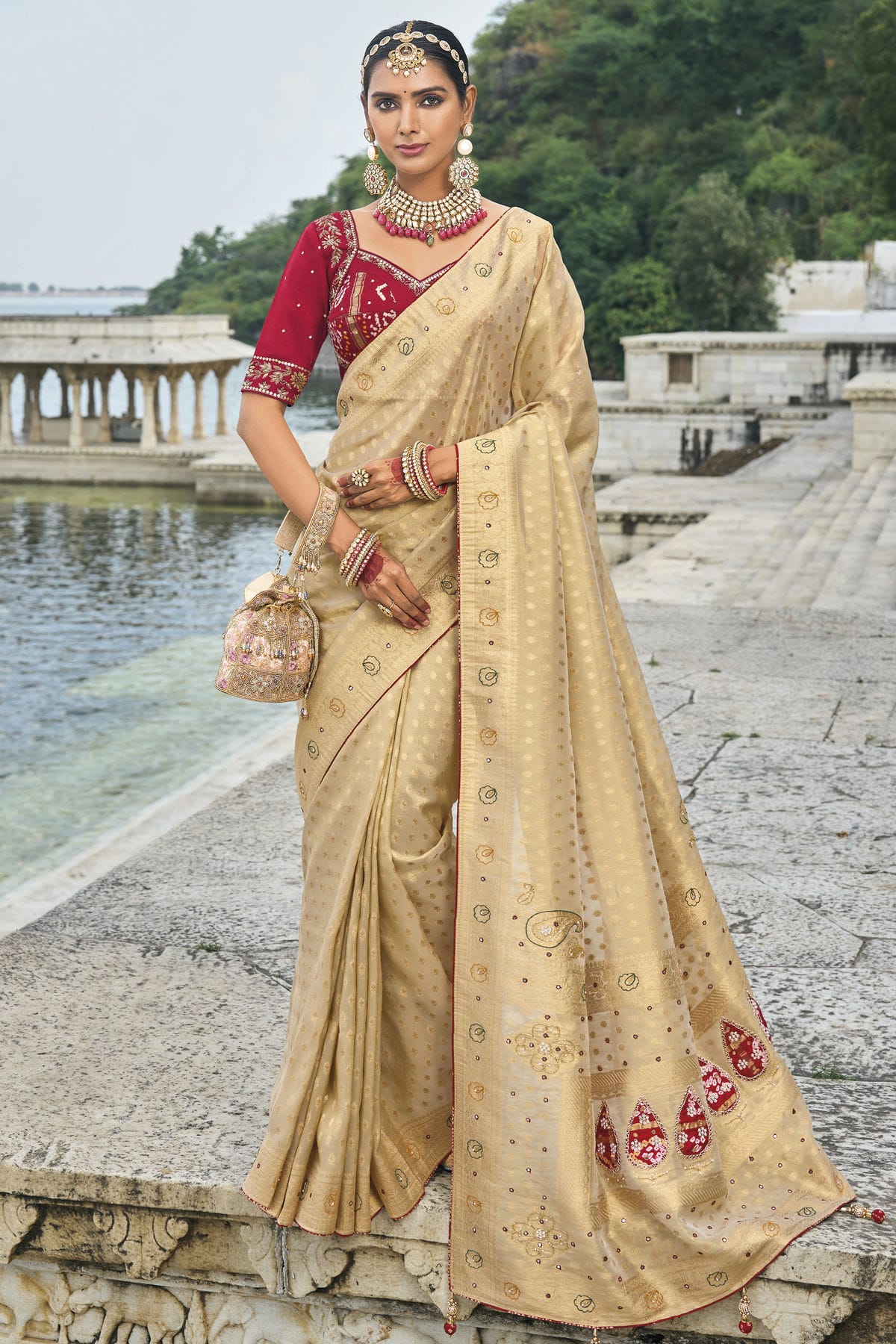 Beige Colour Kanjivaram Silk Designer Saree