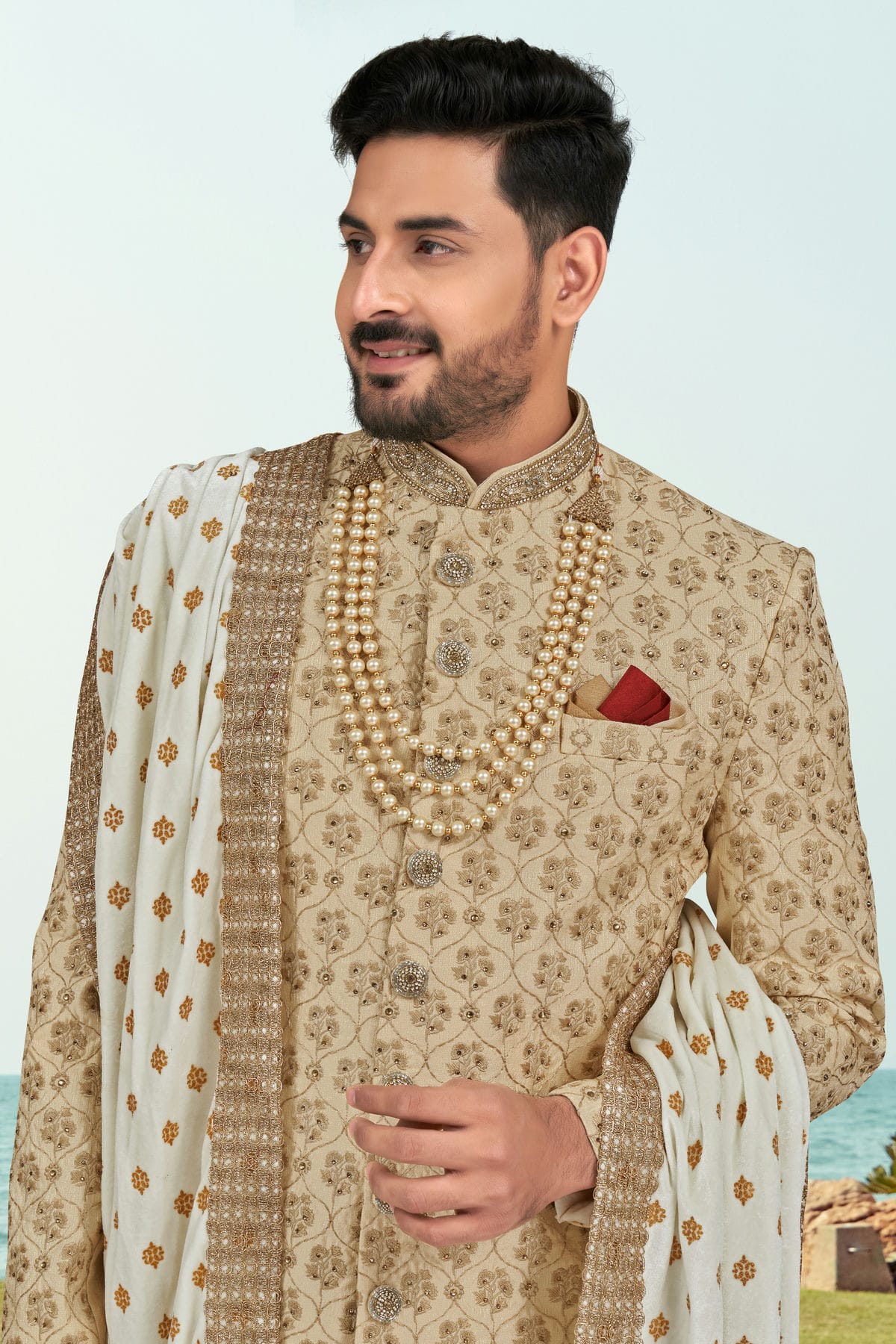 Beige Colour Kora Shine Silk Indo Western Sherwani VSSH1040510