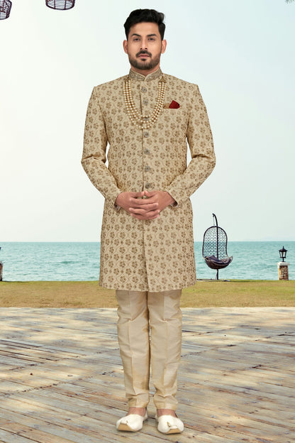 Beige Colour Kora Shine Silk Indo Western Sherwani VSSH1040510